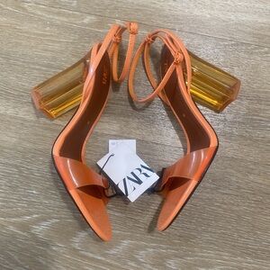 Zara Orange Vinyl Clear Transparant Ankle Wrap Stappy Heels Heeled Sandals